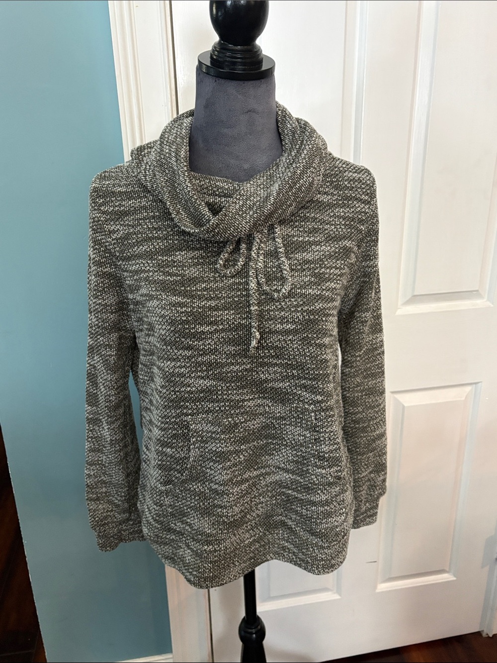 Loveappella Marled Grayish Green Cowl Neck Drawstring Sweater